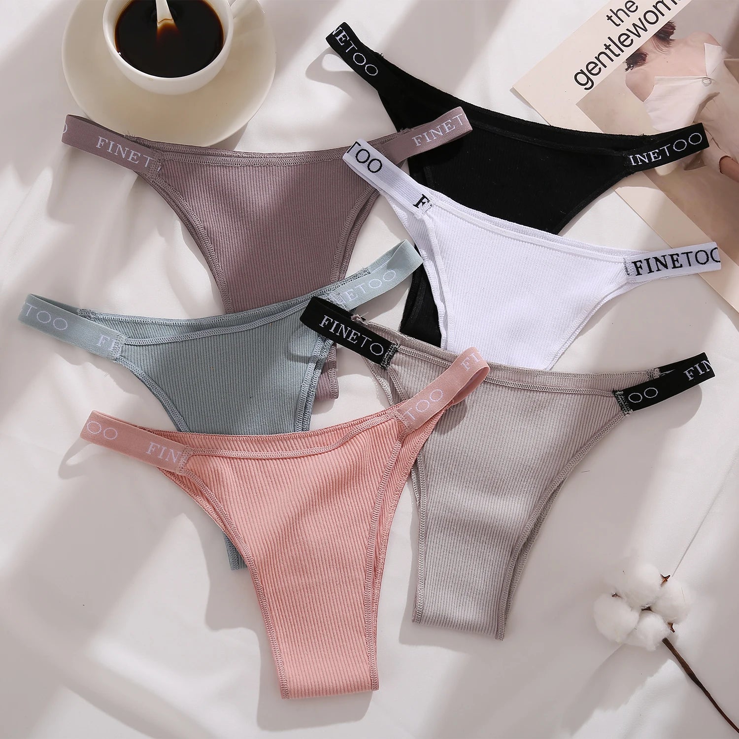 Conjunto de 5 peças de lingerie sexy feminina em algodão, com estampa de letras, cintura baixa, modelo Finetoo, confortável e íntima.