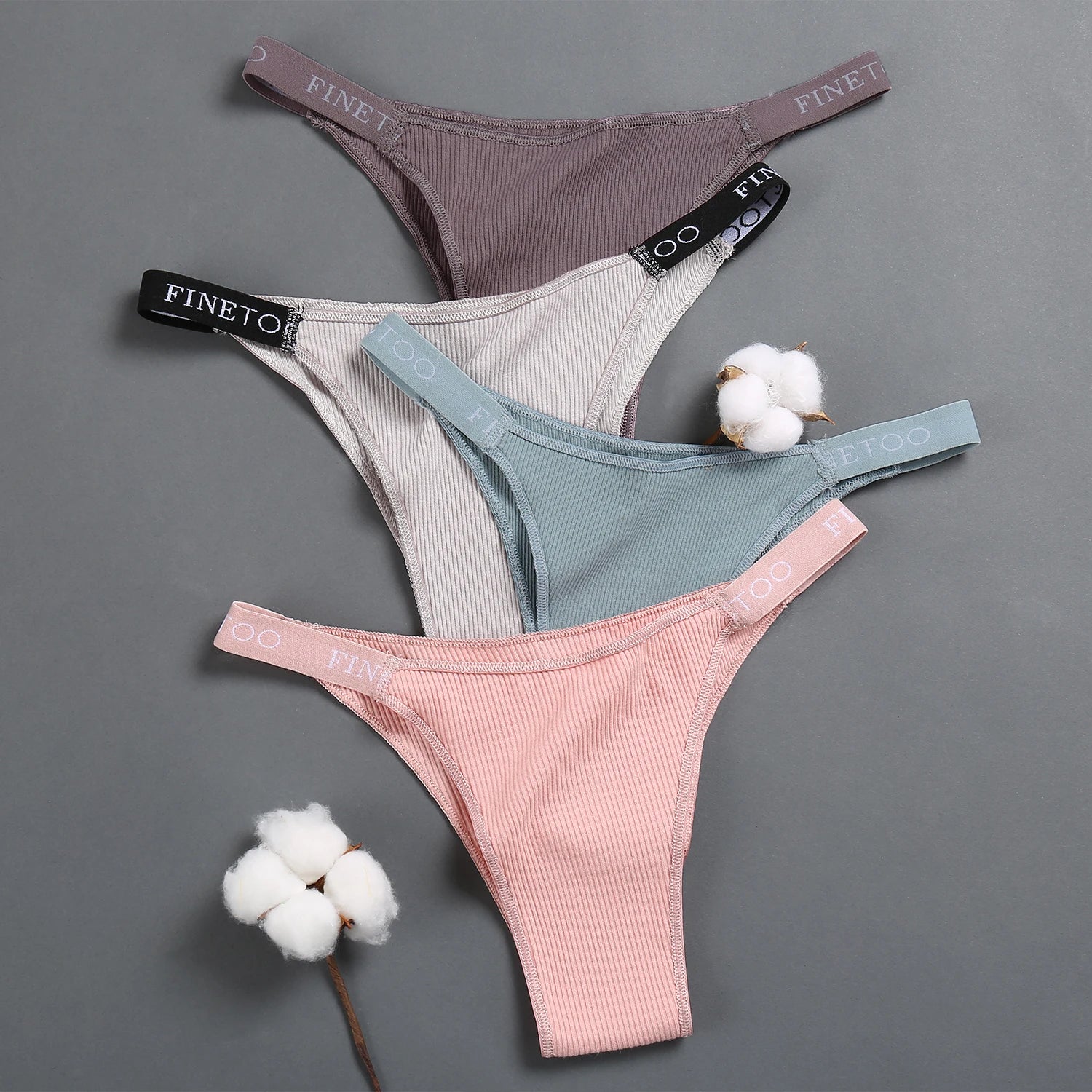 Conjunto de 5 peças de lingerie sexy feminina em algodão, com estampa de letras, cintura baixa, modelo Finetoo, confortável e íntima.