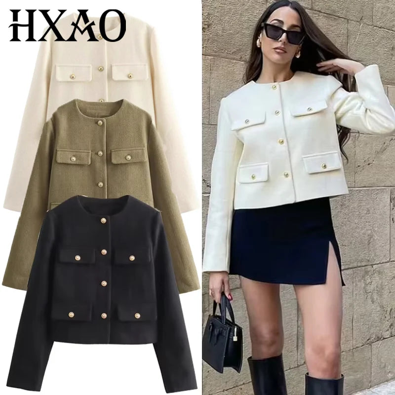 Casaco curto feminino HXAO de manga comprida