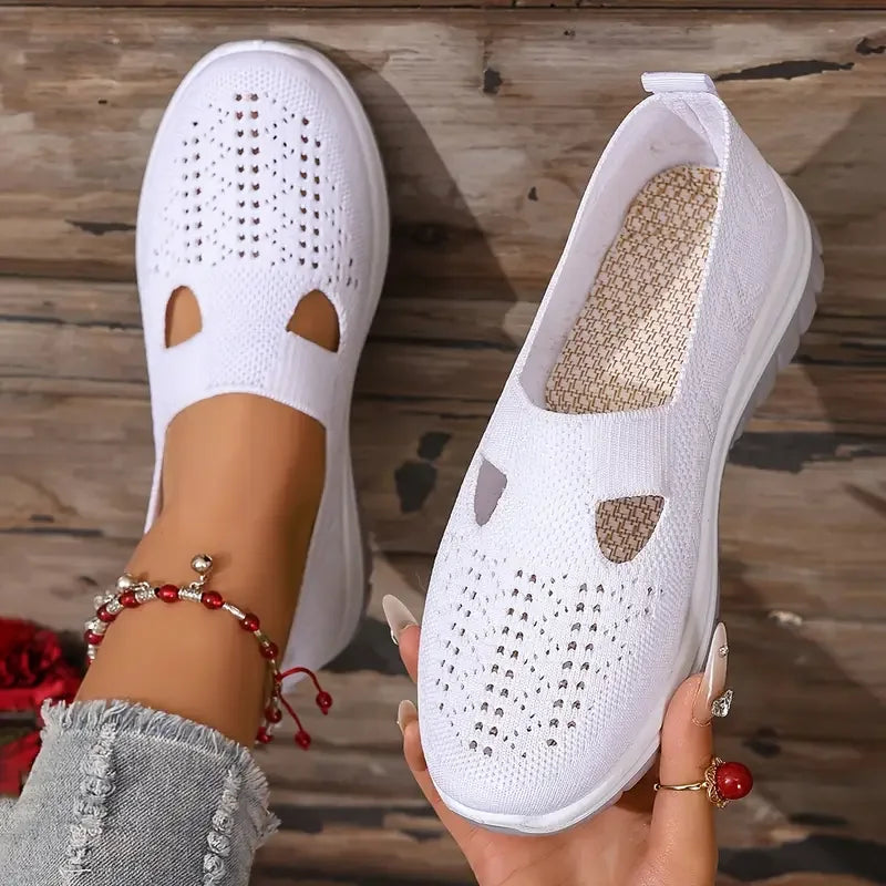 Sapatos femininos, tênis esportivos casuais, tênis esportivos leves, respiráveis e de cor sólida com sola macia para caminhada, tênis casuais de cano baixo em malha.