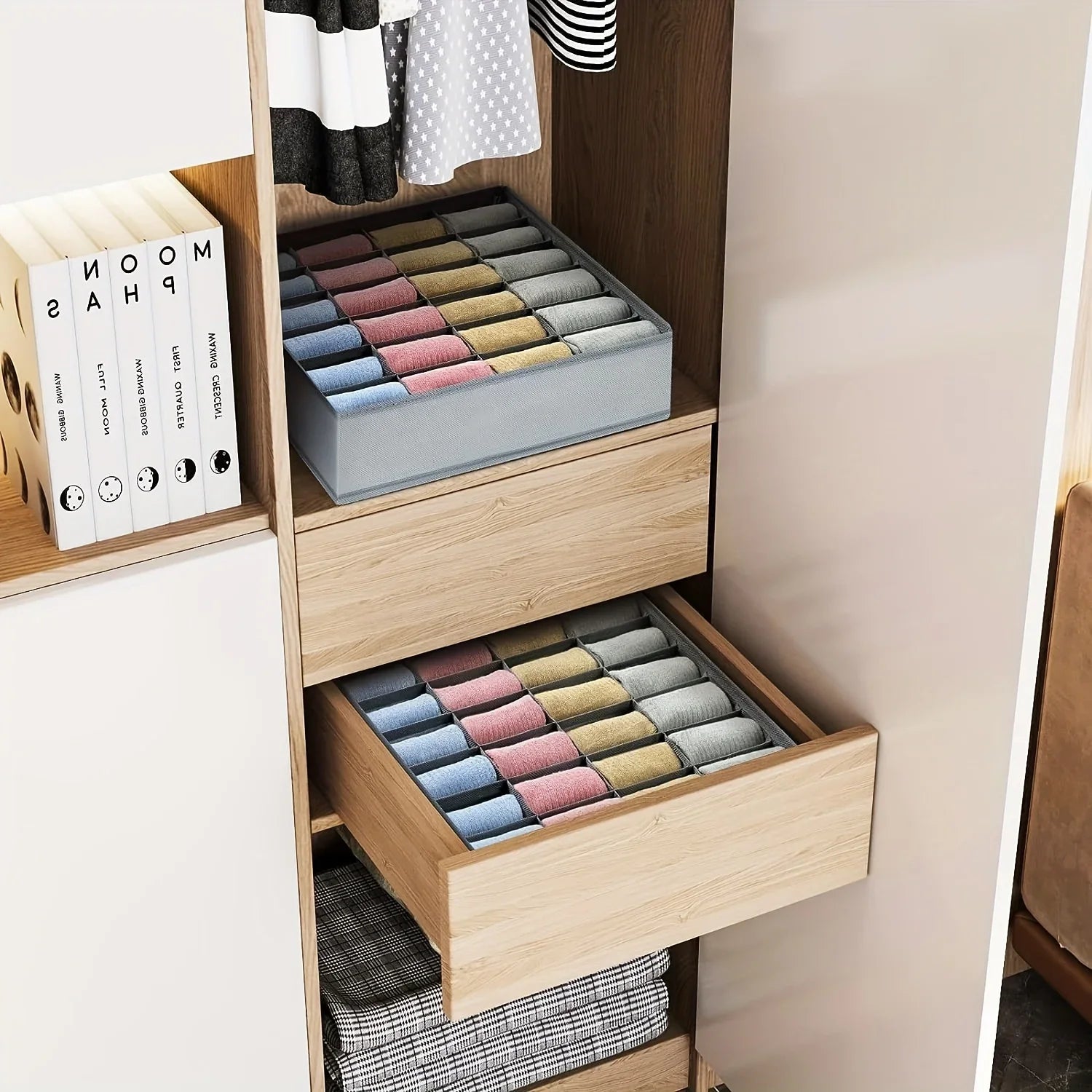 Caixa organizadora de tecido com 24 compartimentos - Organizador dobrável e empilhável para meias, gravatas e roupas íntimas, economizando espaço em gavetas.
