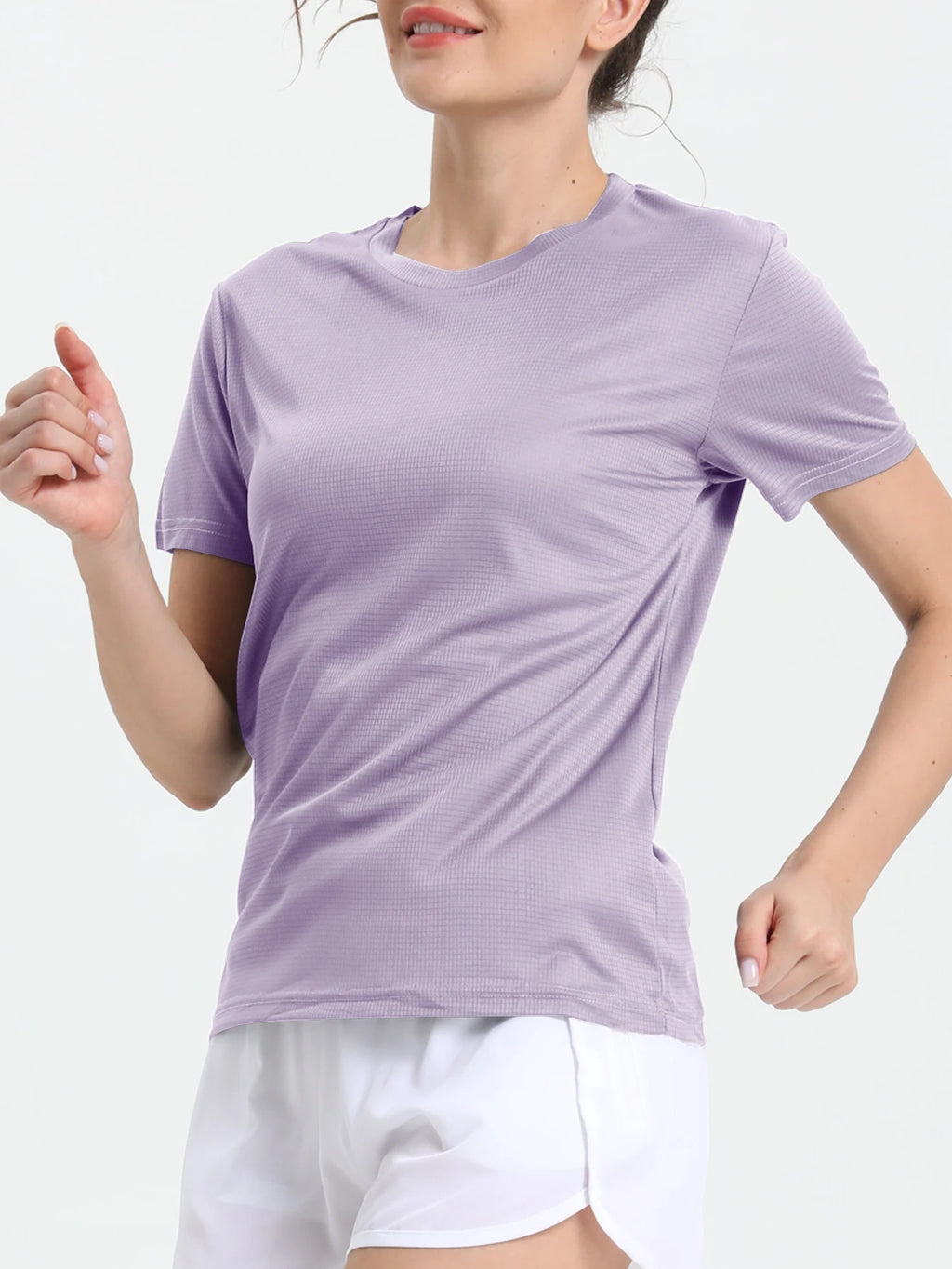 Camiseta esportiva feminina de cor sólida, ultraleve, de secagem rápida, respirável e leve, ideal para corrida e academia.