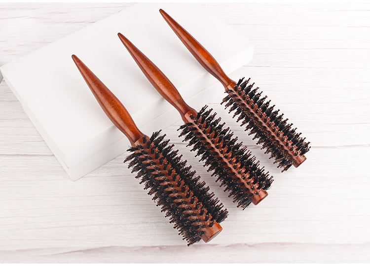 Escova de cabelo redonda com cabo de madeira,pente de cabelo reto com cerdas de javali, escova modeladora de cachos