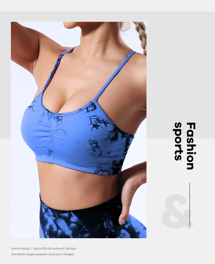 Colete feminino  com estampa tie-dye e alças sem costura, ideal para ioga, academia, esportes e corrida.