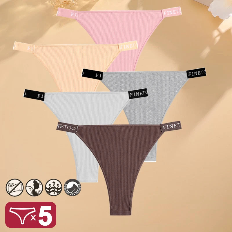 Conjunto de 5 peças de lingerie sexy feminina em algodão, com estampa de letras, cintura baixa, modelo Finetoo, confortável e íntima.
