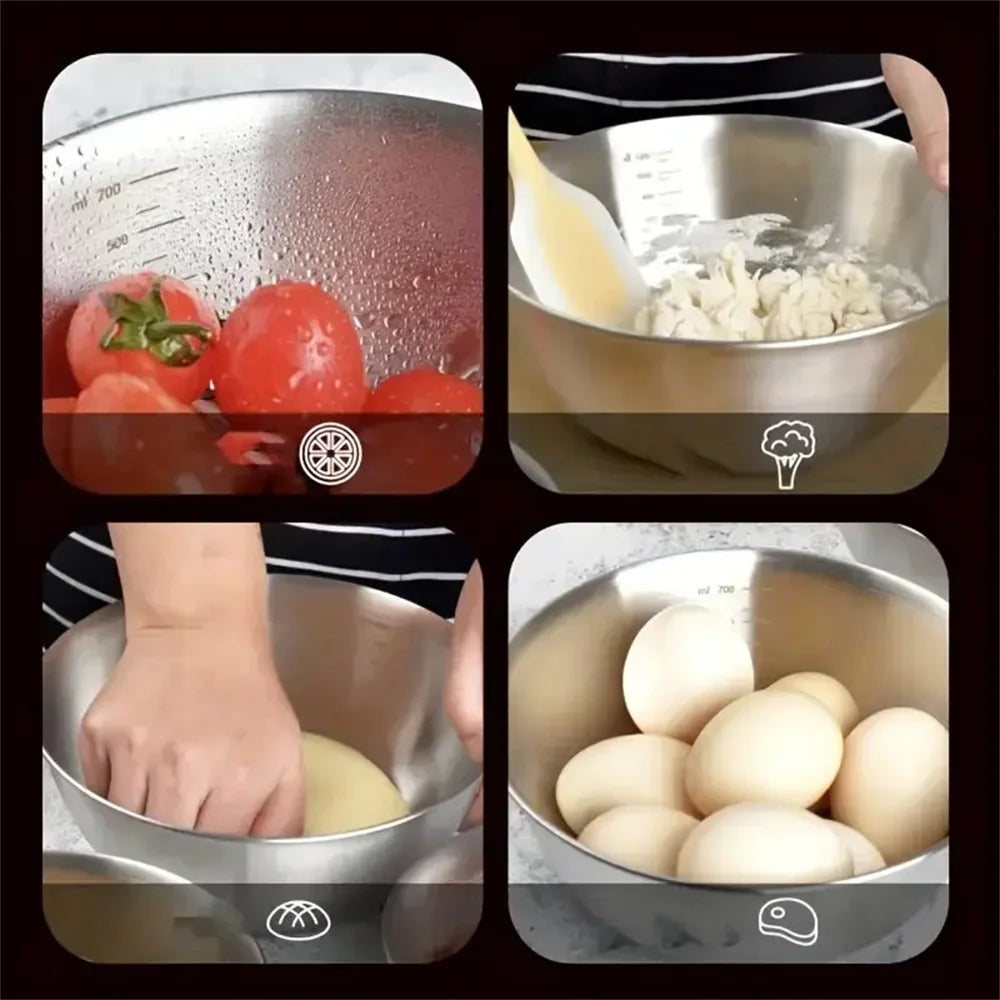 Conjunto de 1 a 3 Tigelas de Aço Inoxidável com Escala para Cozinhar, Assar e Armazenar Alimentos - Tigelas de Grande Capacidade para Misturar - Essenciais para a Cozinha Doméstica
