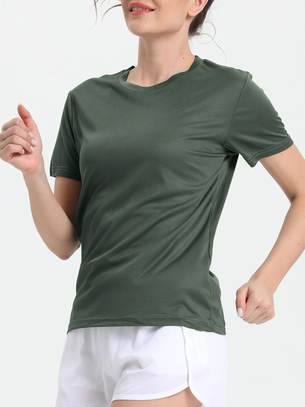 Camiseta esportiva feminina de cor sólida, ultraleve, de secagem rápida, respirável e leve, ideal para corrida e academia.