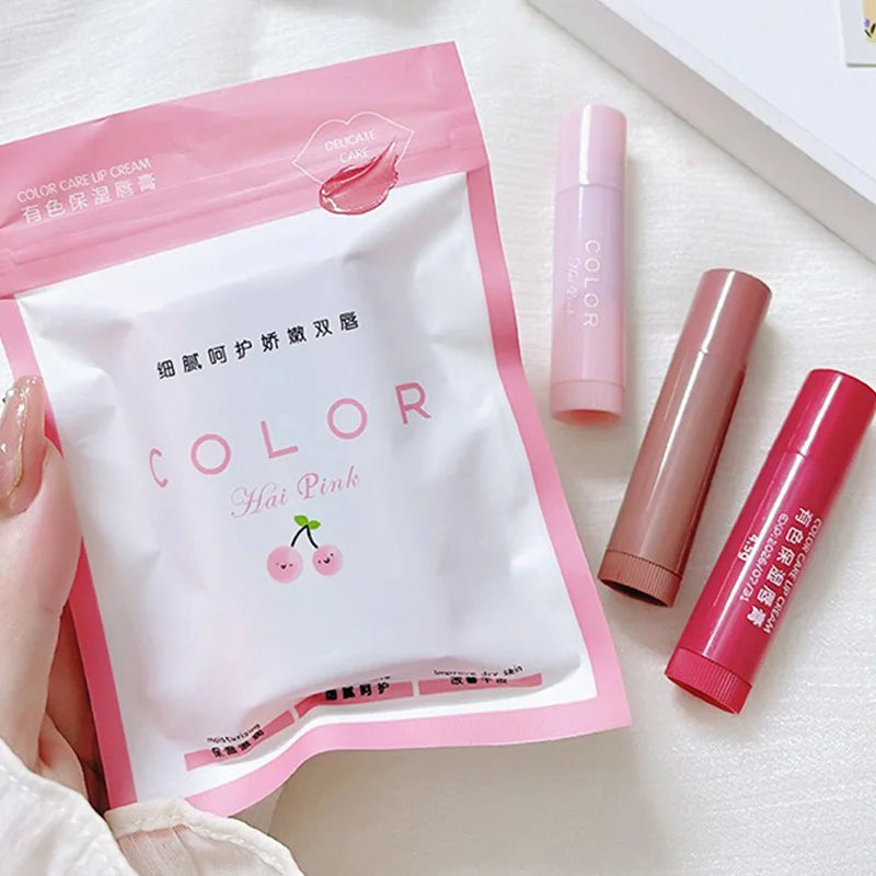 Conjunto de 3 bálsamos labiais hidratantes com cor HAIPINK - Hidratam, atenuam linhas nos lábios e previnem rachaduras.
