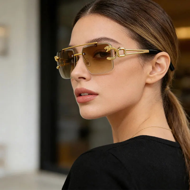 Óculos de Sol Fashion Metal Leopard Lentes Degradê Ocean Film e Proteção UV400