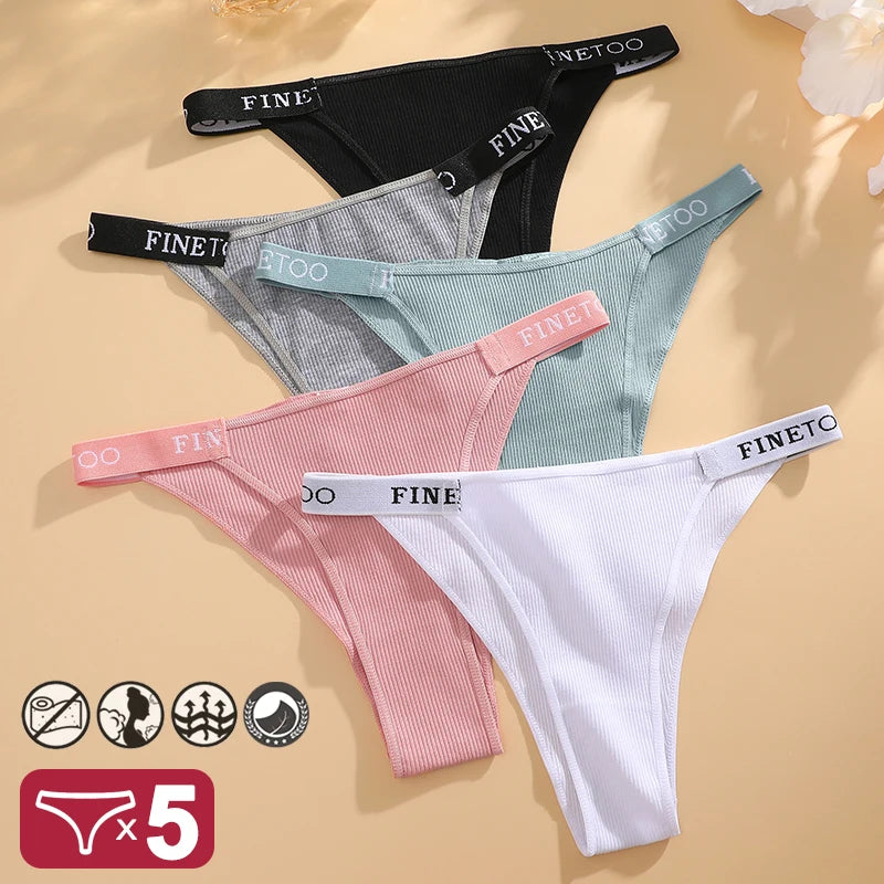 Conjunto de 5 peças de lingerie sexy feminina em algodão, com estampa de letras, cintura baixa, modelo Finetoo, confortável e íntima.