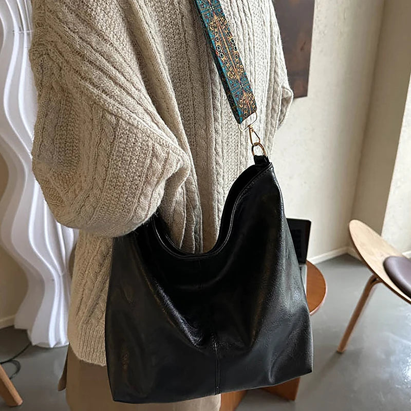 Bolsa transversal feminina com alça geométrica larga, grande capacidade, estilo retrô, em couro PU