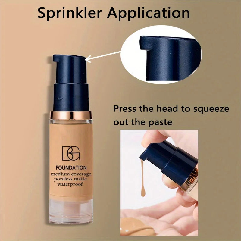 Kit com 2 bases líquidas à prova d'água de alta cobertura e esponja de pó triangular preta - Acabamento matte de longa duração para cobertura de olheiras e imperfeições.