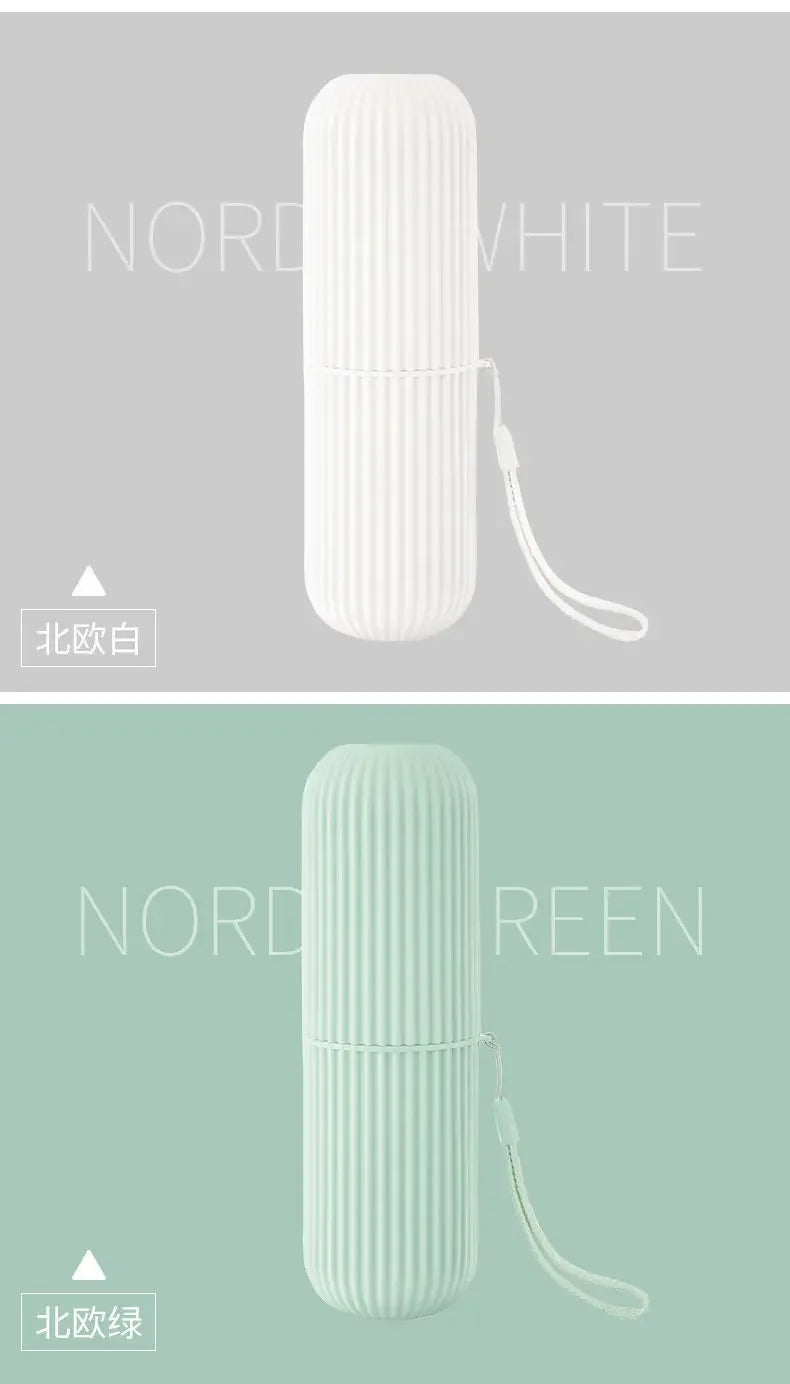 Estojo portátil para pasta de dente e escova de dentes, ideal para viagens e camping.