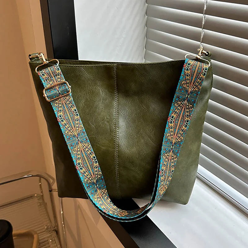 Bolsa transversal feminina com alça geométrica larga, grande capacidade, estilo retrô, em couro PU