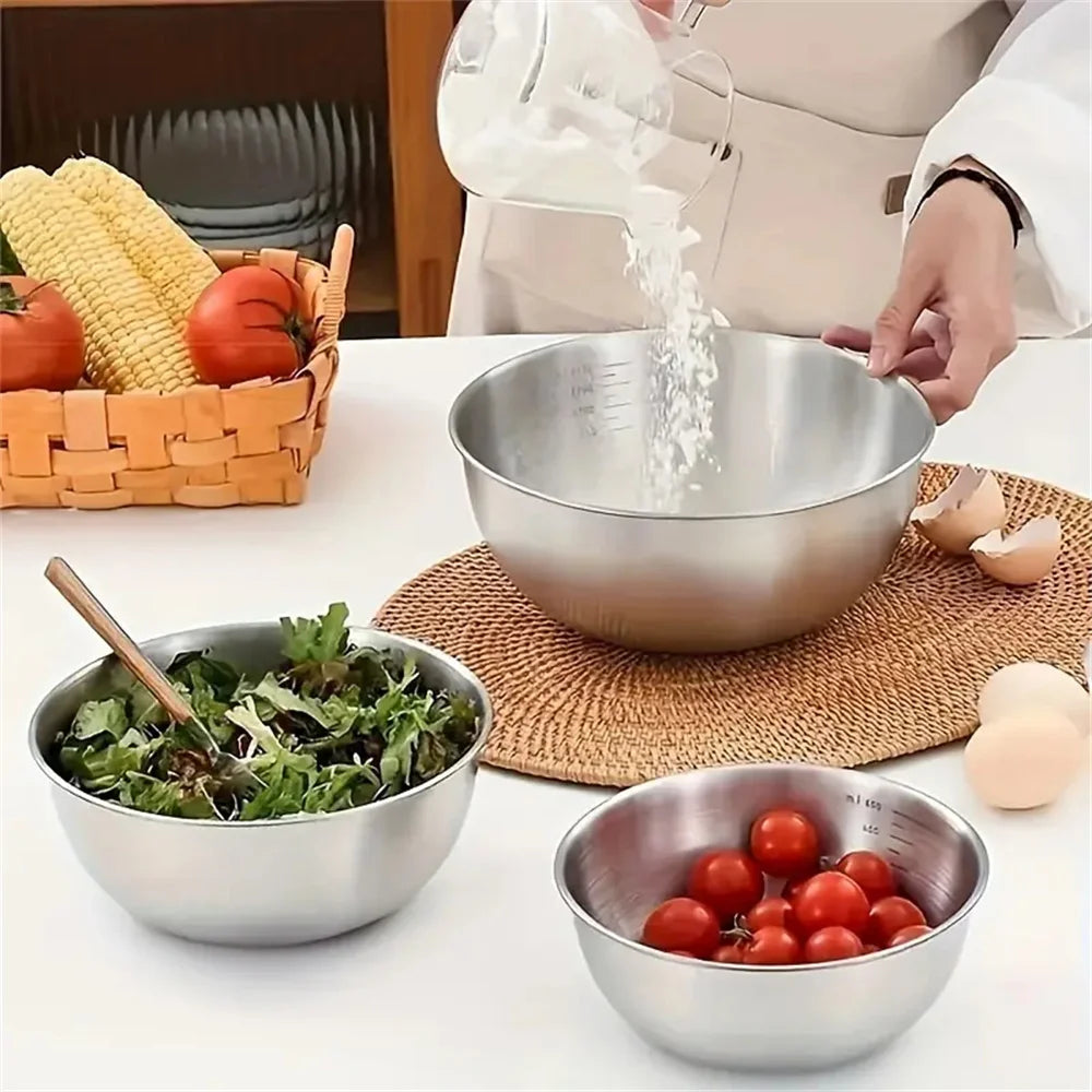 Conjunto de 1 a 3 Tigelas de Aço Inoxidável com Escala para Cozinhar, Assar e Armazenar Alimentos - Tigelas de Grande Capacidade para Misturar - Essenciais para a Cozinha Doméstica
