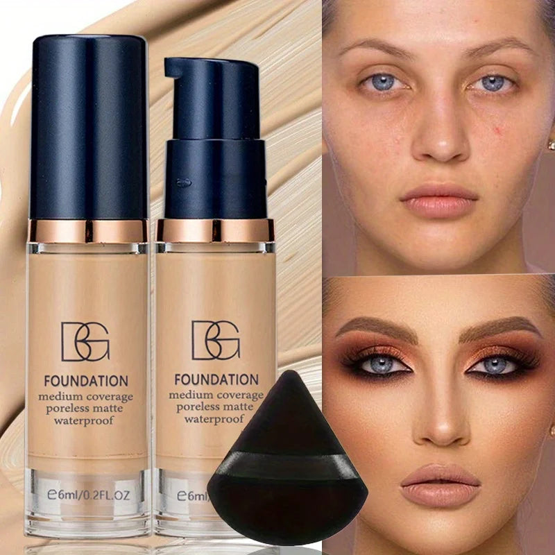 Kit com 2 bases líquidas à prova d'água de alta cobertura e esponja de pó triangular preta - Acabamento matte de longa duração para cobertura de olheiras e imperfeições.