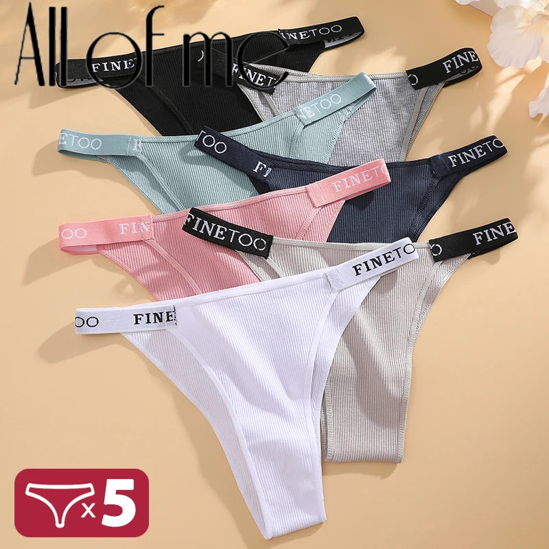 Conjunto de 5 peças de lingerie sexy feminina em algodão, com estampa de letras, cintura baixa, modelo Finetoo, confortável e íntima.