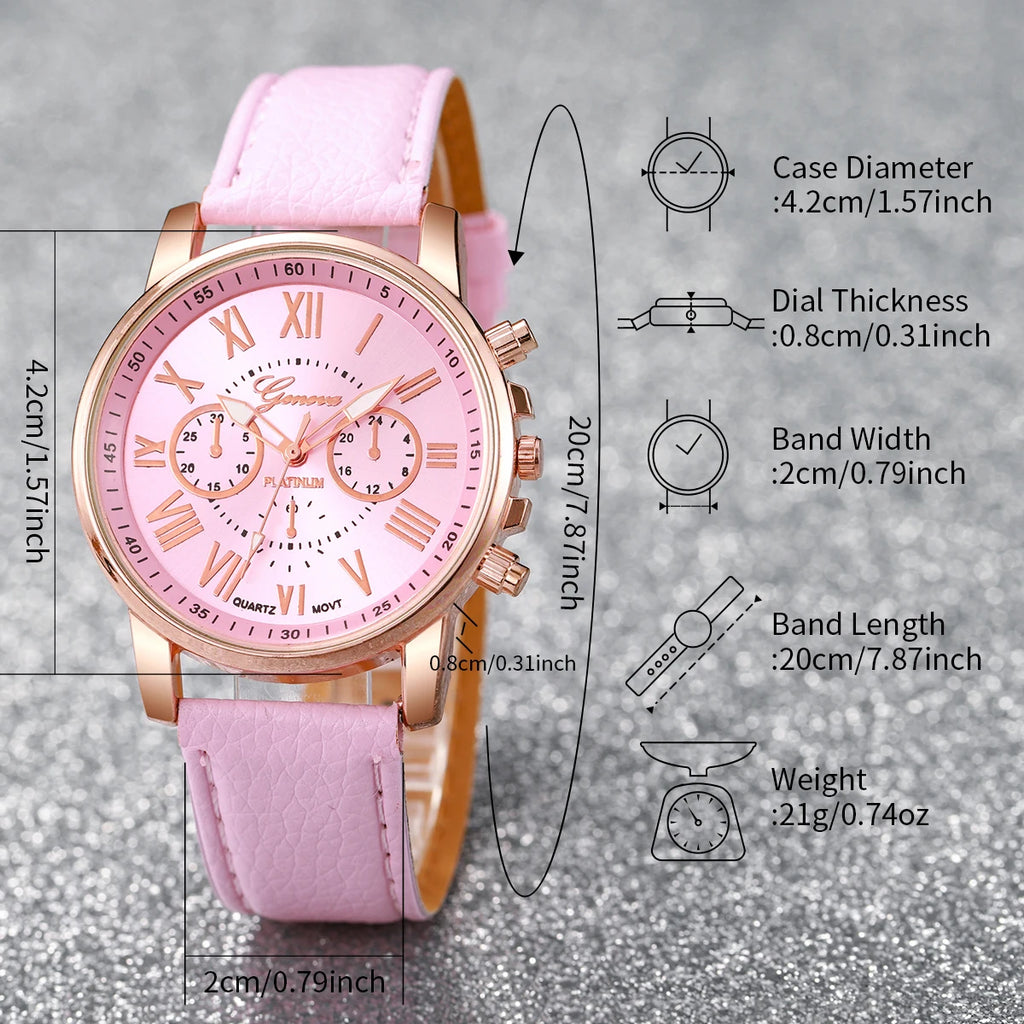 Conjunto de 5/6 Relógios de Pulso Analógicos Femininos de Quartzo com Pulseira de Couro e Detalhe de Coração com Strass (Sem Caixa)