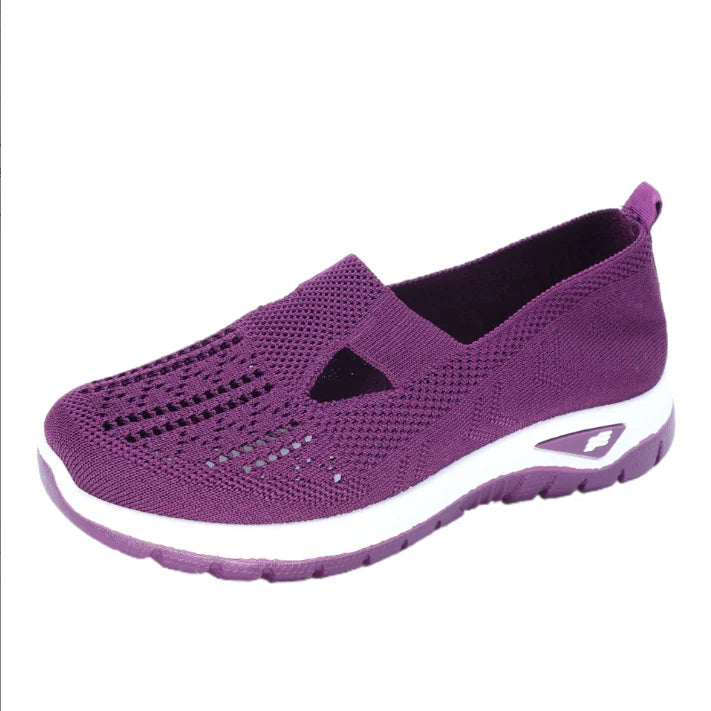 Sapatos femininos, tênis esportivos casuais, tênis esportivos leves, respiráveis e de cor sólida com sola macia para caminhada, tênis casuais de cano baixo em malha.