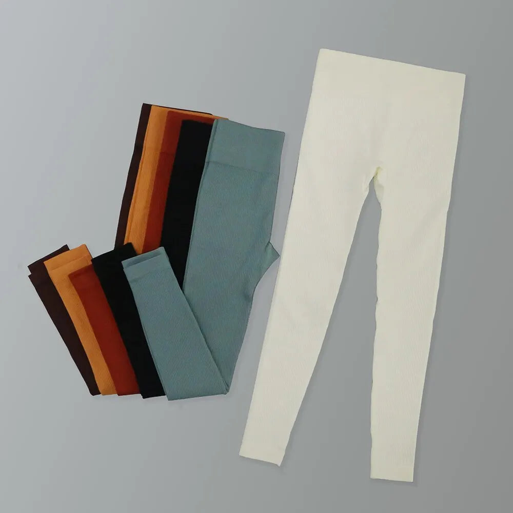 Calça Legging de Yoga Canelada de Cintura Alta para Mulheres – Sem Costura, com Controle de Abdômen, Ideal para Academia, Treinos e Atividades Fitness