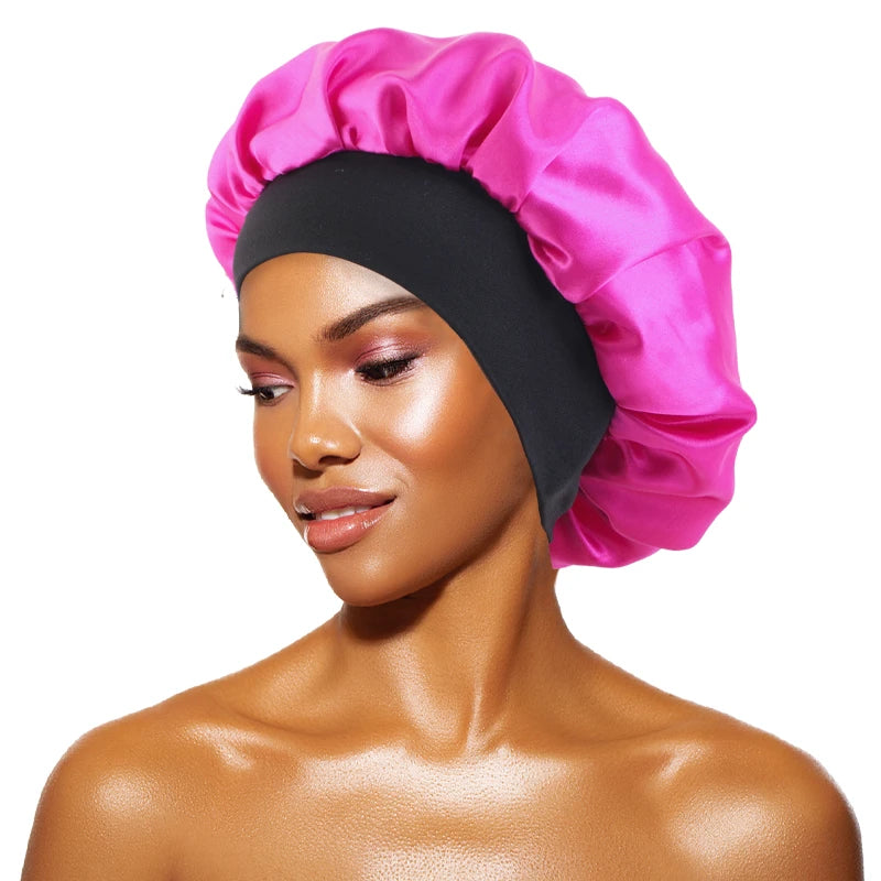 Touca feminina de cetim lisa com aba larga, ideal para dormir, tomar banho ou como touca noturna.