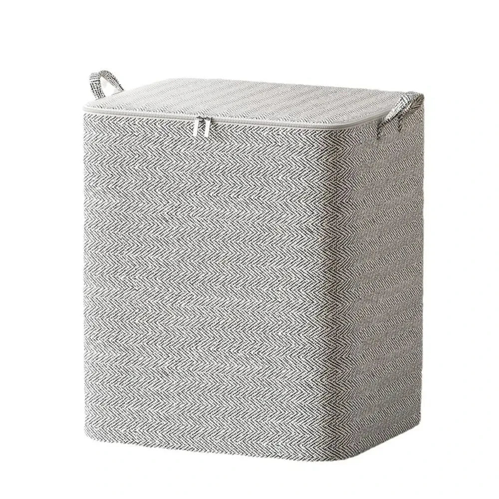 Saco de armazenamento para edredons em tecido com tampa e zíper, dobrável, para roupas e cobertores.