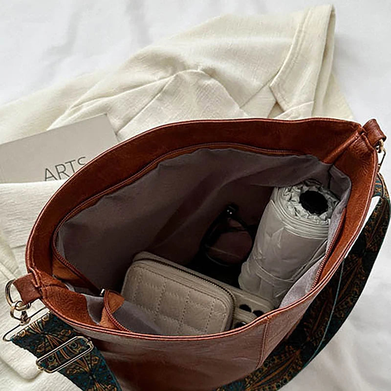 Bolsa transversal feminina com alça geométrica larga, grande capacidade, estilo retrô, em couro PU
