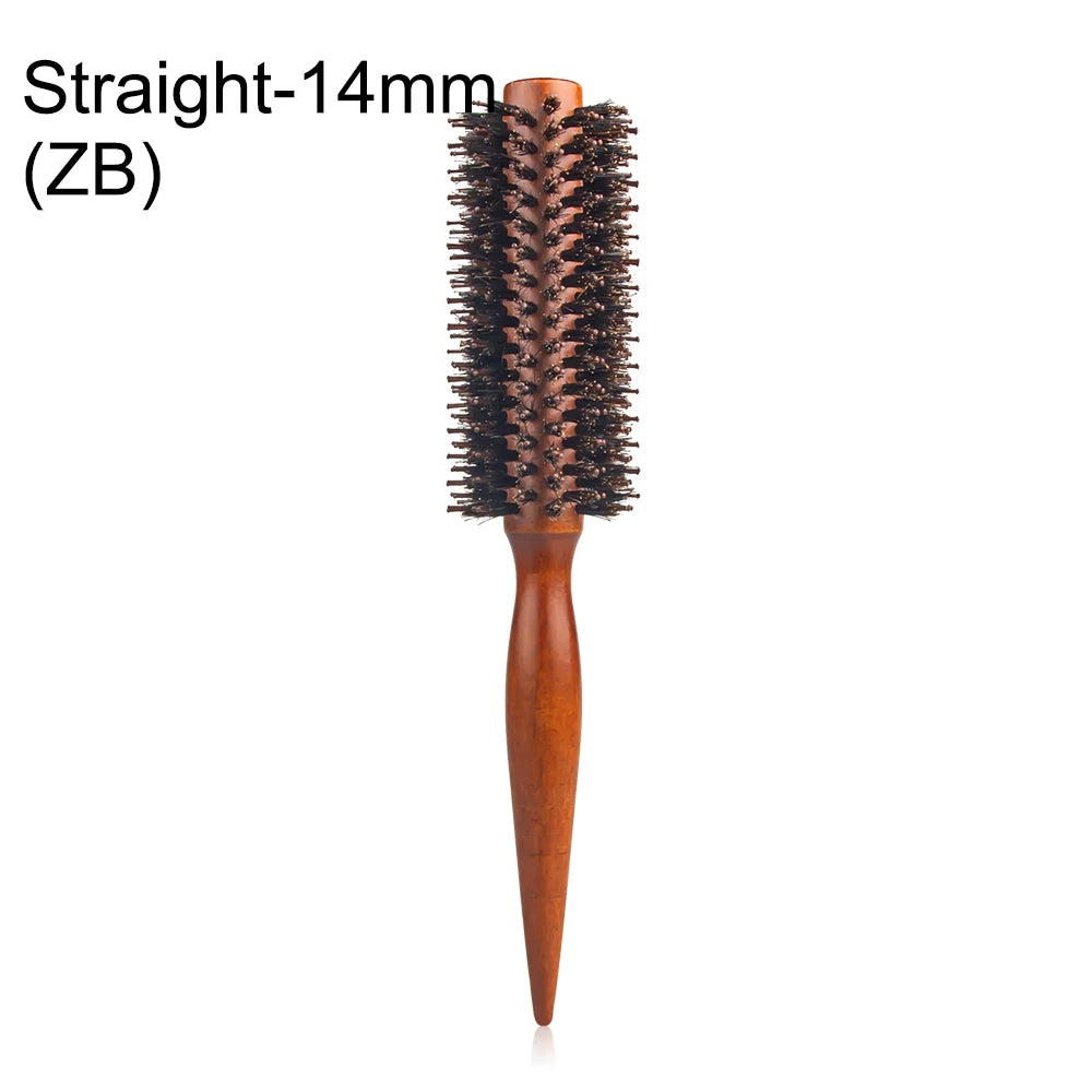 Escova de cabelo redonda com cabo de madeira,pente de cabelo reto com cerdas de javali, escova modeladora de cachos