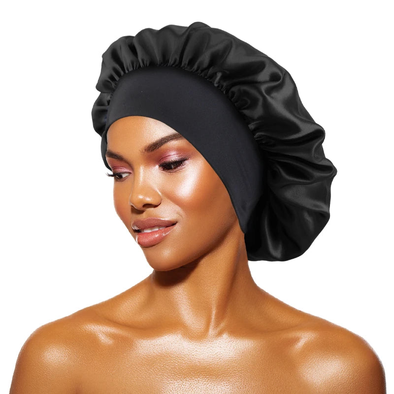 Touca feminina de cetim lisa com aba larga, ideal para dormir, tomar banho ou como touca noturna.
