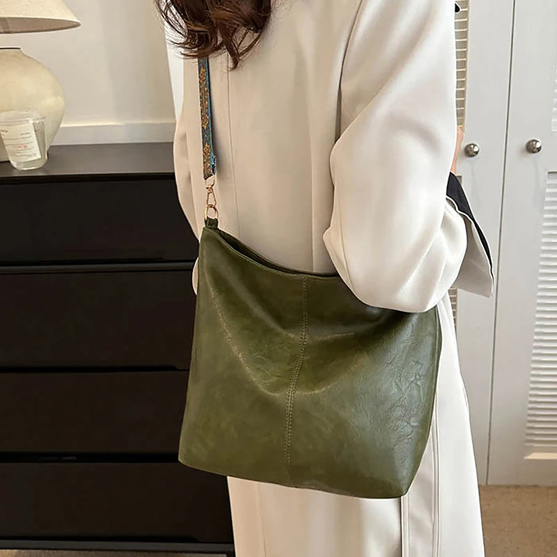Bolsa transversal feminina com alça geométrica larga, grande capacidade, estilo retrô, em couro PU