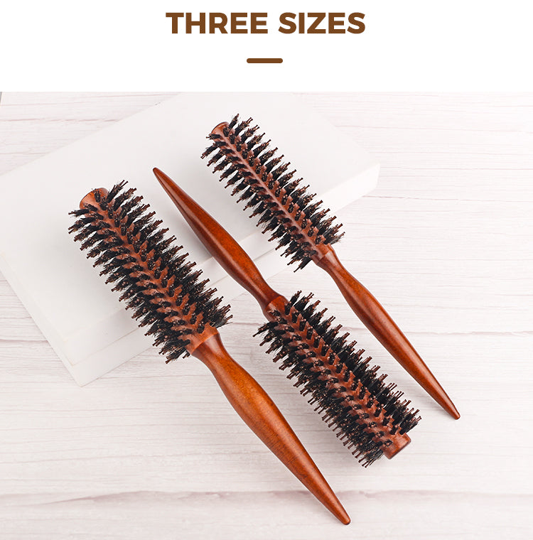 Escova de cabelo redonda com cabo de madeira,pente de cabelo reto com cerdas de javali, escova modeladora de cachos