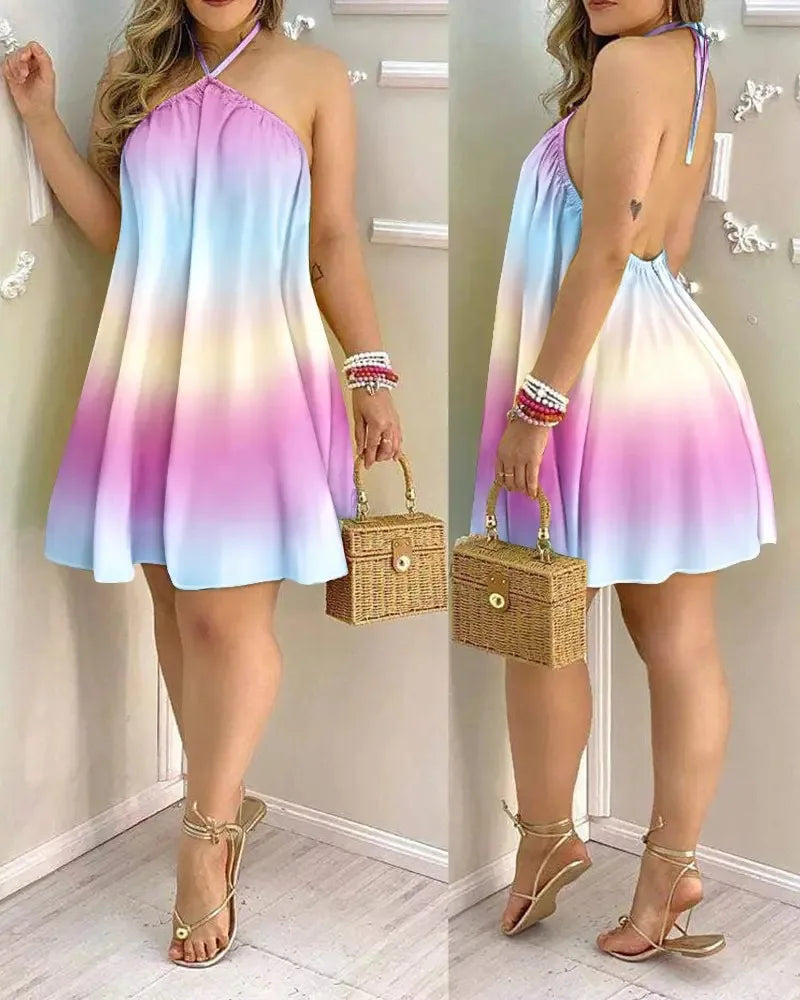 Vestido Boho com Estampa Floral e Decote Halter, Costas Nuas e Alças no Pescoço, Ideal para Primavera/Verão