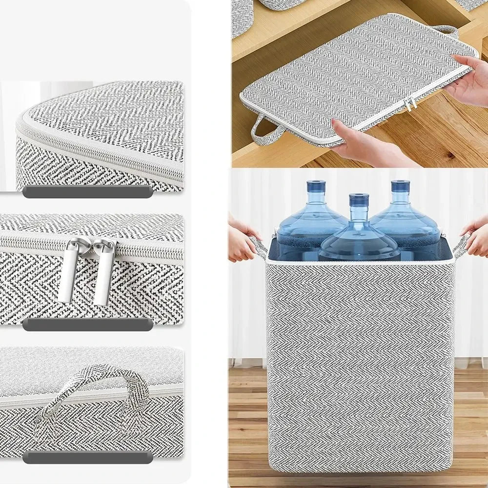 Saco de armazenamento para edredons em tecido com tampa e zíper, dobrável, para roupas e cobertores.