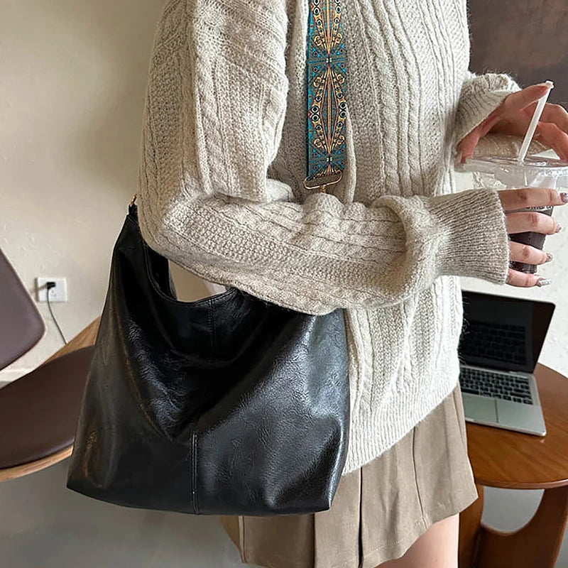 Bolsa transversal feminina com alça geométrica larga, grande capacidade, estilo retrô, em couro PU
