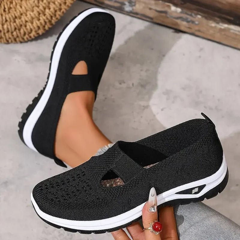 Sapatos femininos, tênis esportivos casuais, tênis esportivos leves, respiráveis e de cor sólida com sola macia para caminhada, tênis casuais de cano baixo em malha.