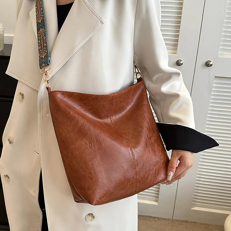 Bolsa transversal feminina com alça geométrica larga, grande capacidade, estilo retrô, em couro PU