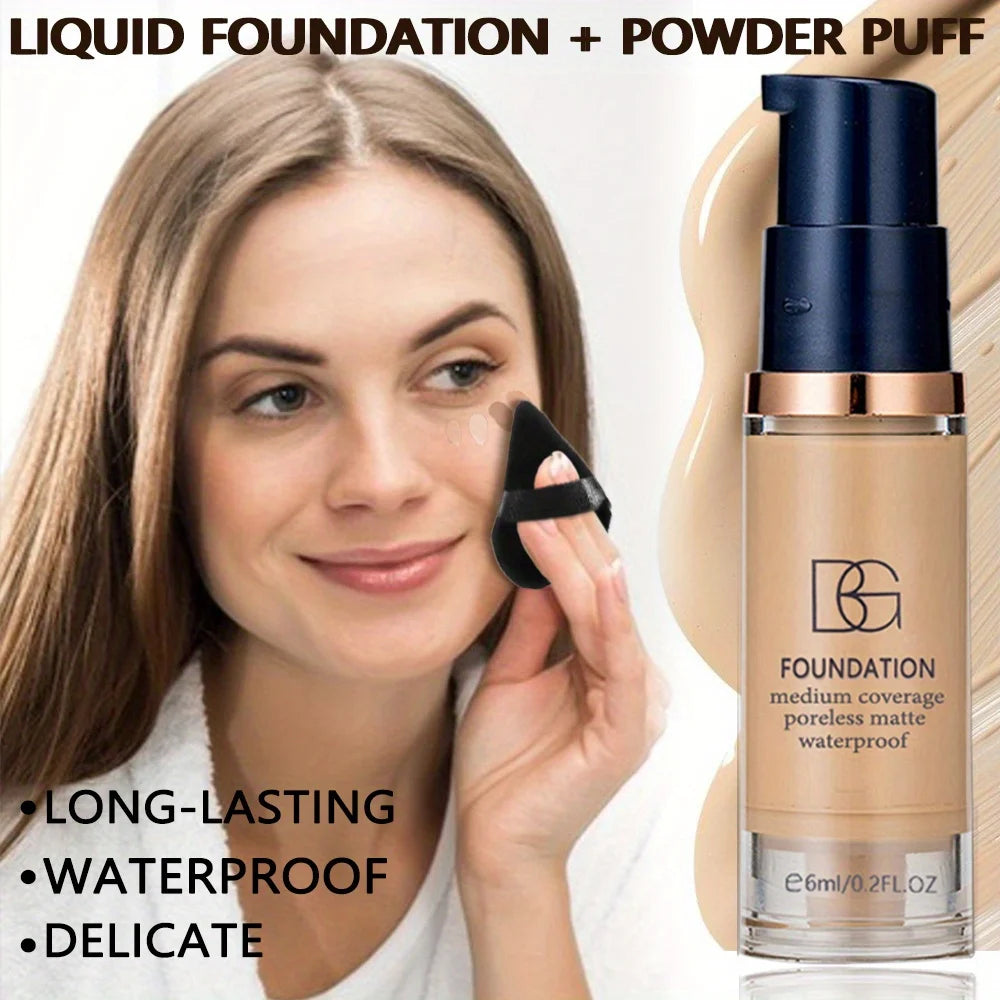 Kit com 2 bases líquidas à prova d'água de alta cobertura e esponja de pó triangular preta - Acabamento matte de longa duração para cobertura de olheiras e imperfeições.