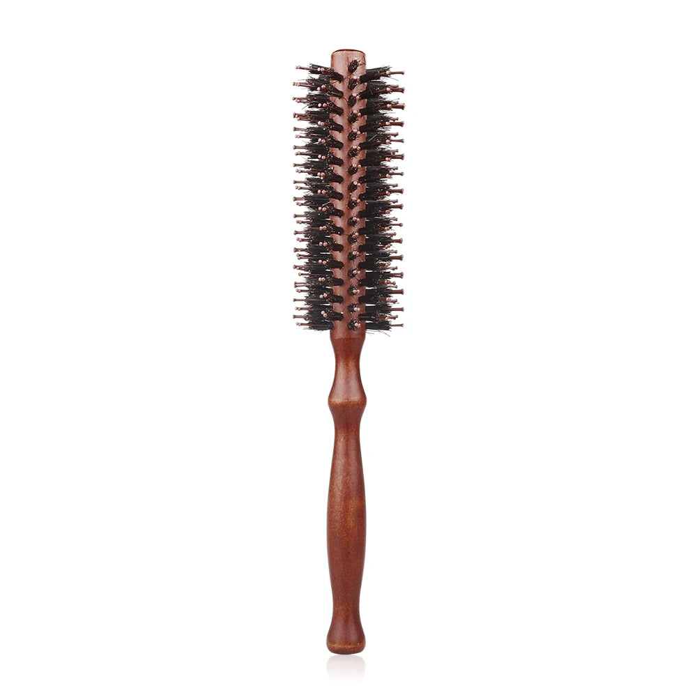 Escova de cabelo redonda com cabo de madeira,pente de cabelo reto com cerdas de javali, escova modeladora de cachos
