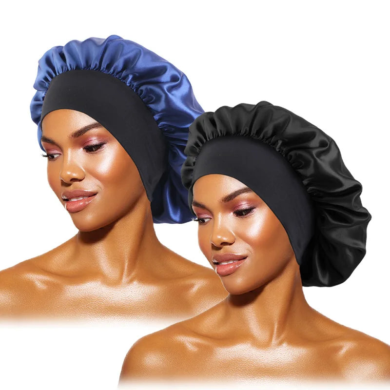 Touca feminina de cetim lisa com aba larga, ideal para dormir, tomar banho ou como touca noturna.