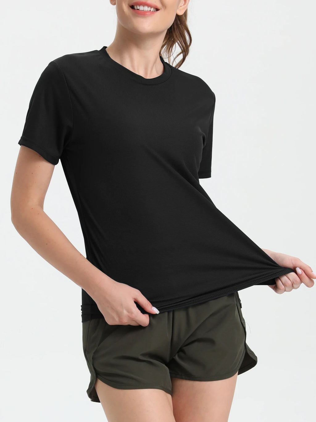Camiseta esportiva feminina de cor sólida, ultraleve, de secagem rápida, respirável e leve, ideal para corrida e academia.