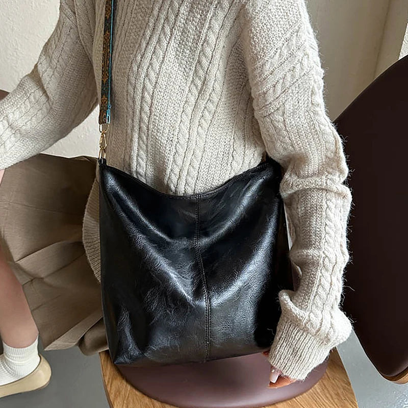 Bolsa transversal feminina com alça geométrica larga, grande capacidade, estilo retrô, em couro PU