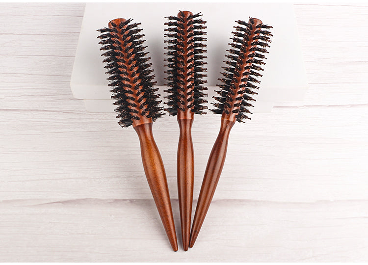 Escova de cabelo redonda com cabo de madeira,pente de cabelo reto com cerdas de javali, escova modeladora de cachos