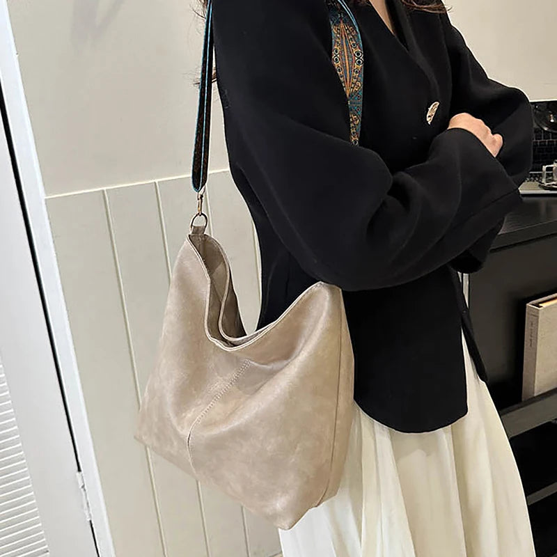 Bolsa transversal feminina com alça geométrica larga, grande capacidade, estilo retrô, em couro PU