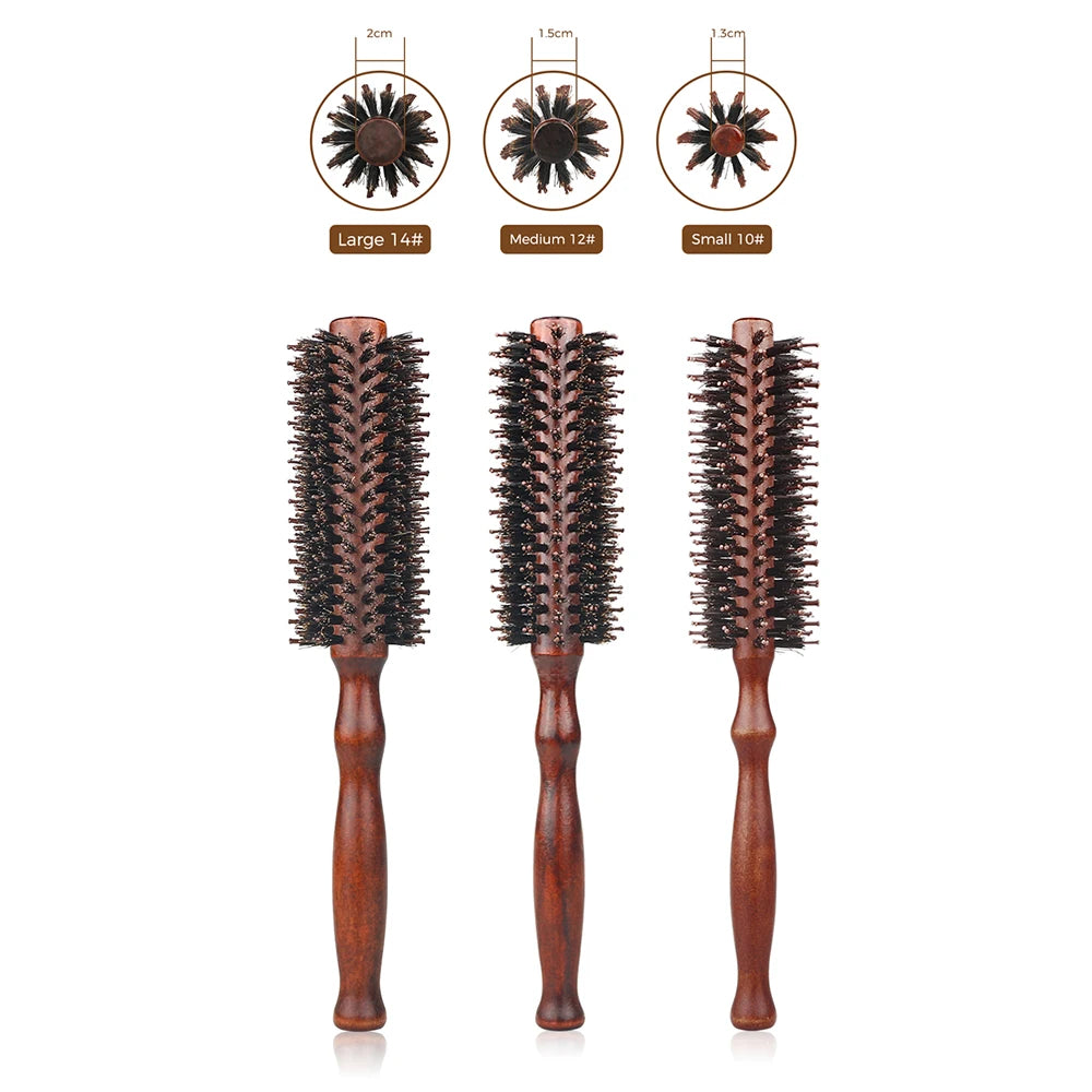 Escova de cabelo redonda com cabo de madeira,pente de cabelo reto com cerdas de javali, escova modeladora de cachos
