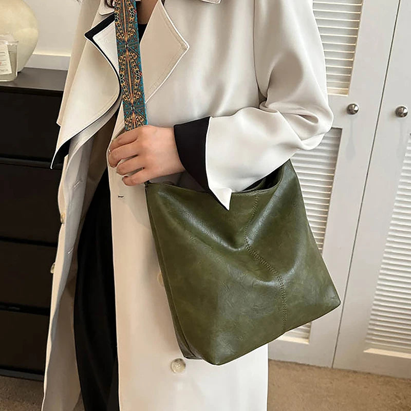 Bolsa transversal feminina com alça geométrica larga, grande capacidade, estilo retrô, em couro PU