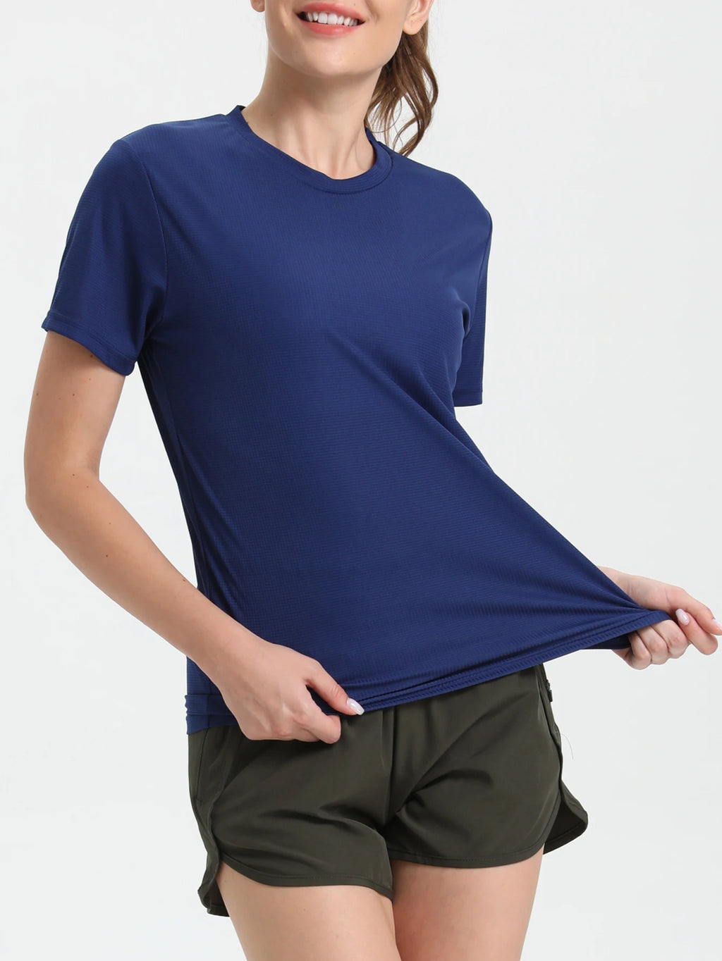 Camiseta esportiva feminina de cor sólida, ultraleve, de secagem rápida, respirável e leve, ideal para corrida e academia.