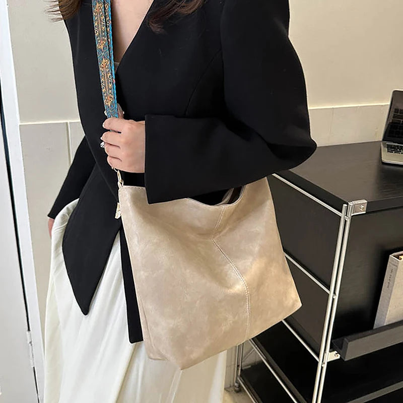 Bolsa transversal feminina com alça geométrica larga, grande capacidade, estilo retrô, em couro PU