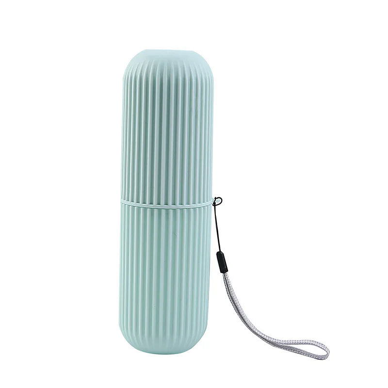 Estojo portátil para pasta de dente e escova de dentes, ideal para viagens e camping.