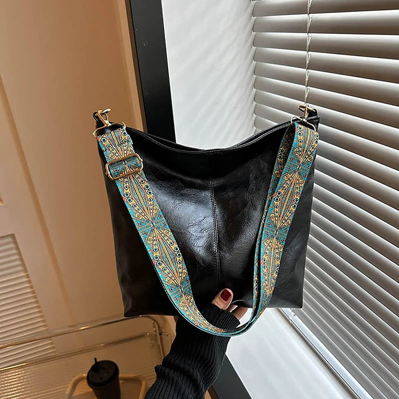 Bolsa transversal feminina com alça geométrica larga, grande capacidade, estilo retrô, em couro PU
