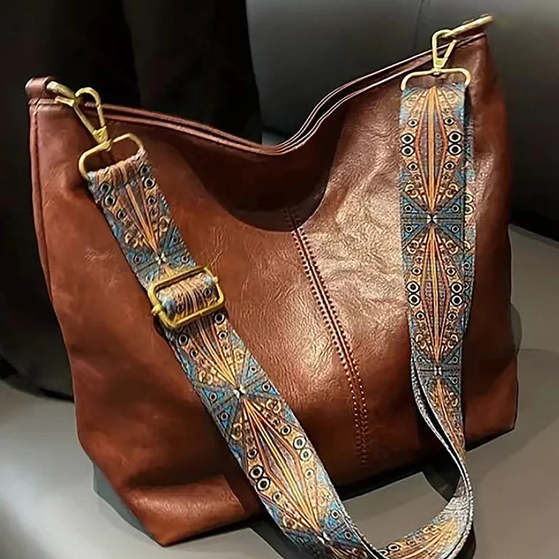 Bolsa transversal feminina com alça geométrica larga, grande capacidade, estilo retrô, em couro PU
